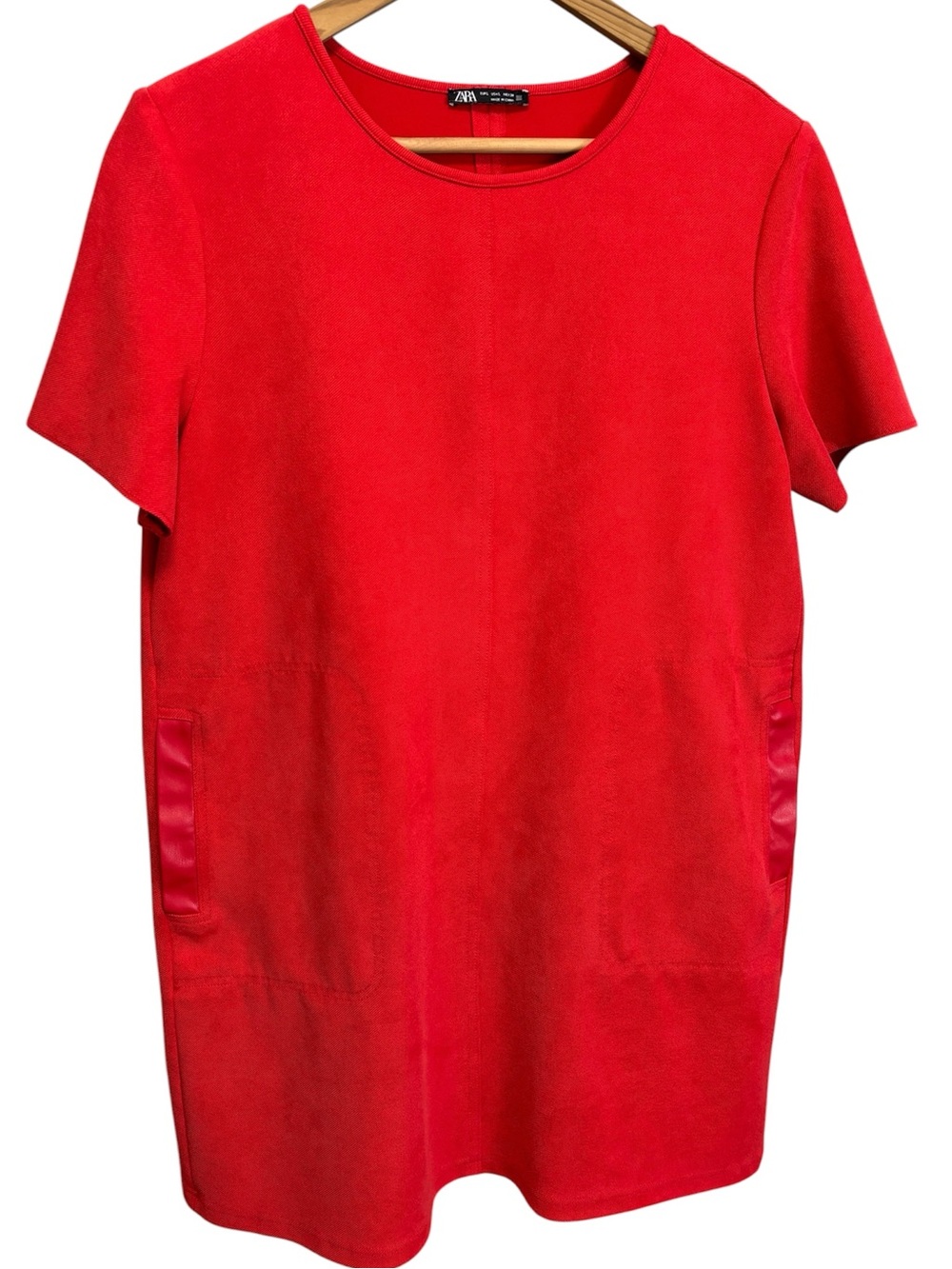 Zara red mod shift dress with faux leather pocket detail, size large